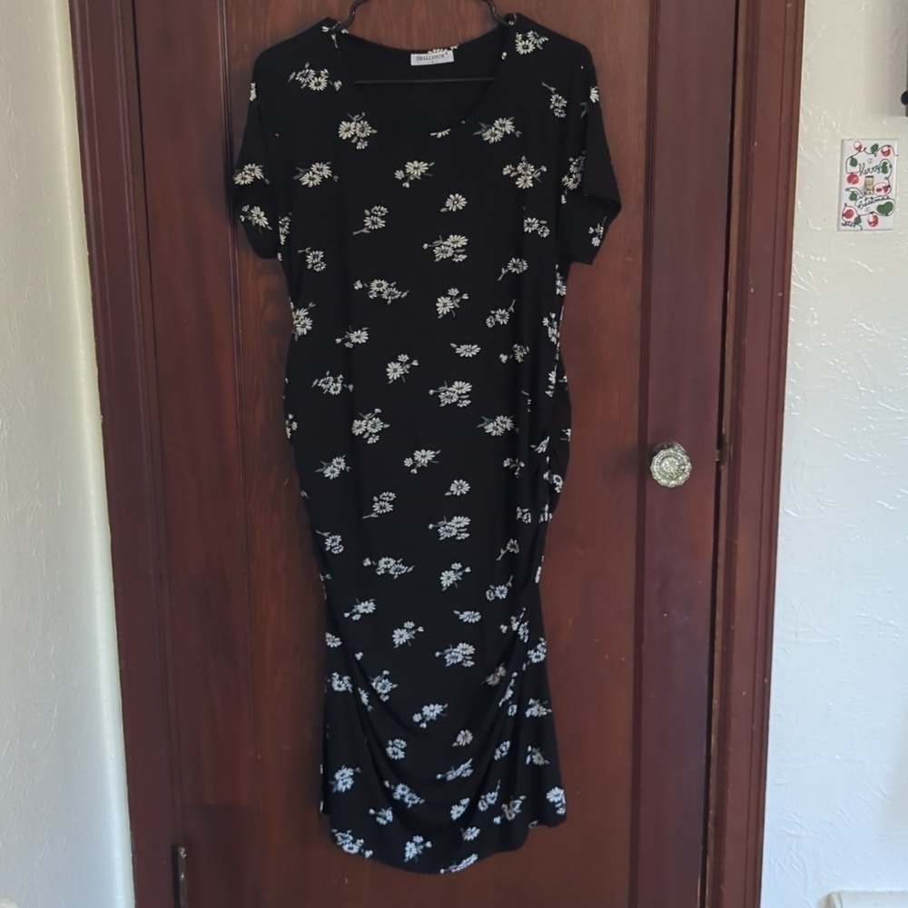 Small Show Maternity Black with Daisy Print Short Sleeve Cinch Middle Dress XL